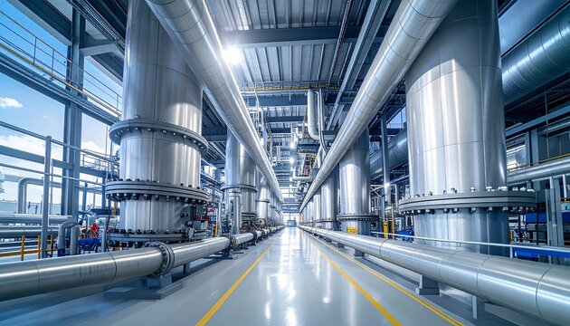 Industrial plant interior with steel pipelines and factory machinery