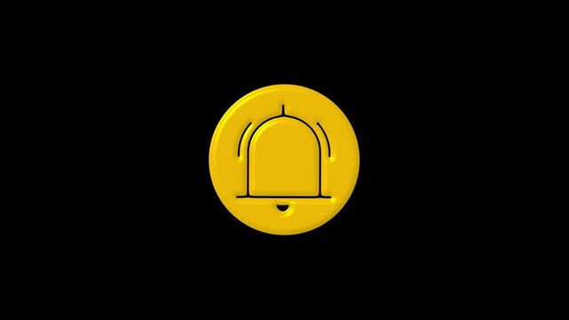Yellow notification bell icon on a solid black background. User alerts updates. Yellow notification bell icon for system reminders and mobile or desktop application interface.