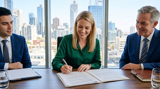 Blonde professional woman in an emerald green silk blouse smiles warmly while signing contract documents on a wooden boardroom table desk.