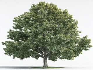 Fototapeta premium Realistic 3D rendering of a mature, full canopy deciduous tree with lush green foliage against a clean white background, isolated for design