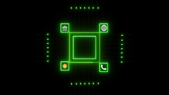 Neon green digital dashboard interface with financial icons. Banking and cryptocurrency. Neon green digital dashboard interface for technology presentation and business analytics.
