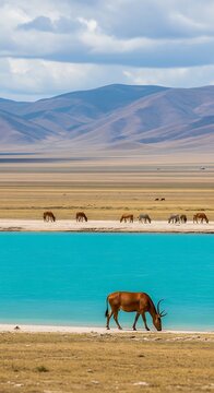 Tibetan wild ass grazing near a bright blue alpine lake in the Himalayas.