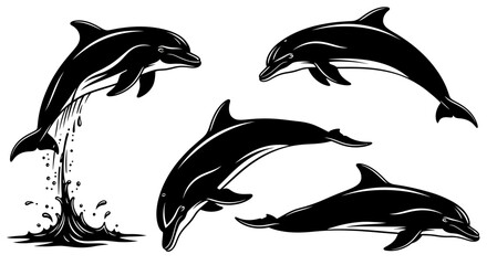 Obraz premium Dolphins jump playfully in ocean waves with sunlight shining on their sleek bodies in a natural aquatic scene.