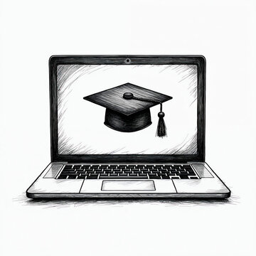 Hand drawn sketch shows laptop screen with graduation cap. Symbolizes online education distance learning and digital academic achievement. Modern degree concept.