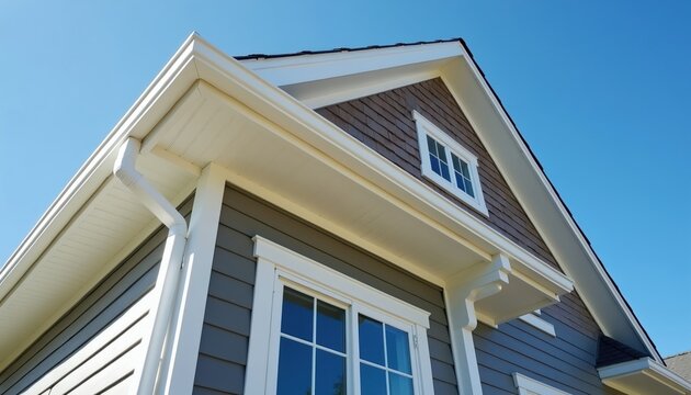 Exterior detail of a modern house shows gray siding white trim soffit and window frames against a clear blue sky. Roof eaves have white rain gutters and downspout.