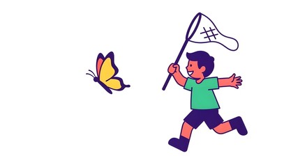 Fototapeta premium Joyful Boy Chasing Butterfly with Net in Open Field