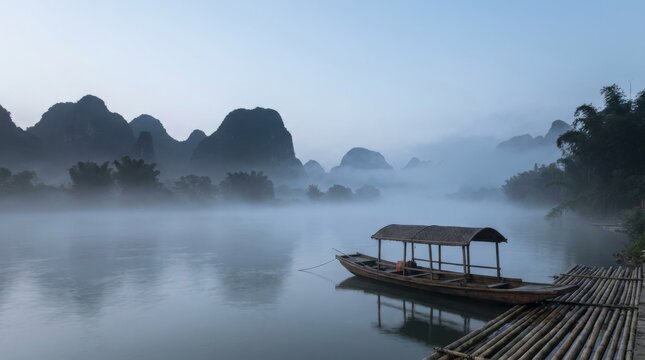 Traditional Wooden Boat on Li River in Misty Guilin Landscape