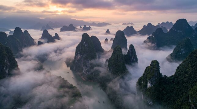Aerial View of Guilin Karst Mountains and Li River at Sunrise