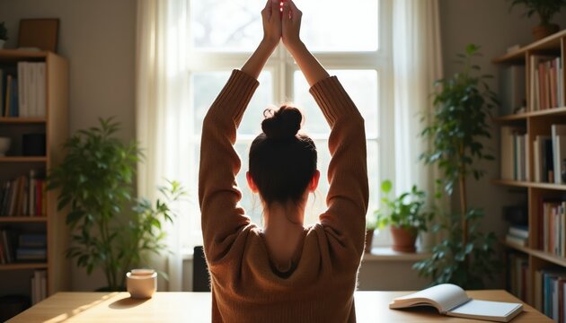 Woman in cozy sweater does overhead arm stretch at desk in sunlit room. Peaceful home office break, stretching upward, feeling refreshed and balanced. Mindful moment.