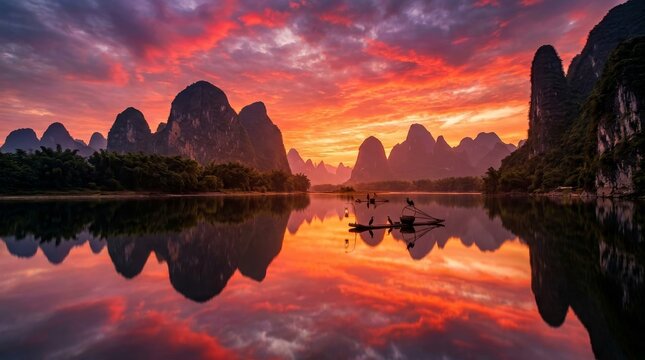 Traditional Cormorant Fisherman on Li River at Sunset in Guilin