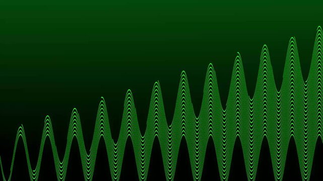 Green digital waveform with increasing amplitude on dark. Sound audio visualization. Green digital waveform for music analysis and radio frequency monitoring interface graphics.