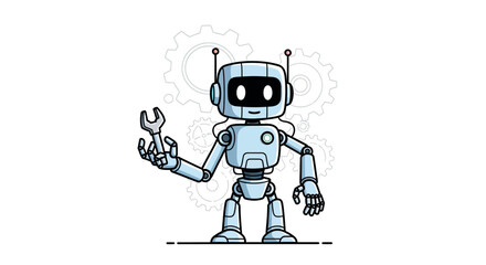 Fototapeta premium Cute robot character holding a wrench with gears in the background