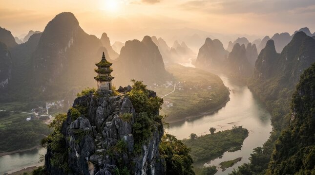 Ancient Pagoda on Karst Peak Overlooking Li River Valley at Golden Sunrise, Guilin China