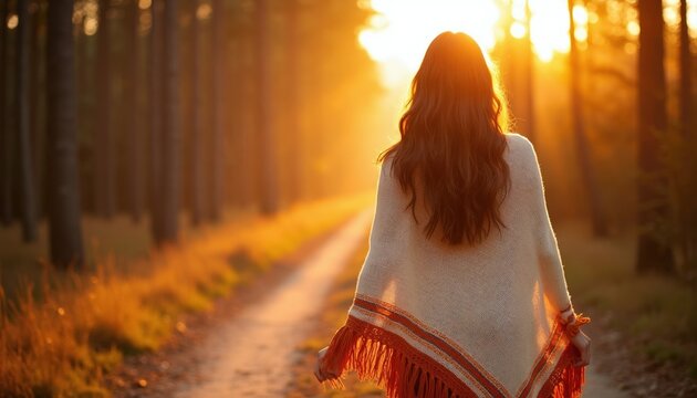 Woman walks on forest path during sunset. She wears a warm shawl and enjoys golden hour light. Autumn nature scene with trees and sunlit ground.