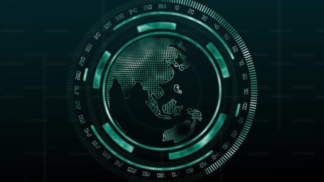 Futuristic HUD world map radar interface background. Global surveillance system. Futuristic HUD world map for international data tracking and tech software interface design art.