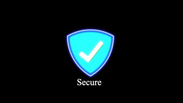 Blue outlined shield with white checkmark and word secure. Security shield. Blue outlined shield for network protection and digital safety confirmation visualizations art.