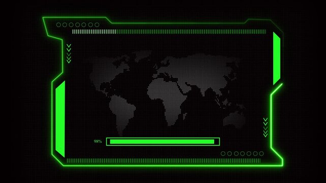 Futuristic green HUD interface with world map and loading. HUD world map. Futuristic green HUD interface for global monitoring and international data tracking visuals animation.