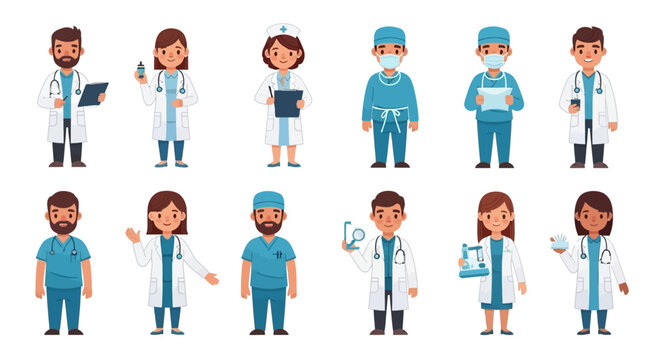 Medical professionals cartoon characters doctors nurses surgeons