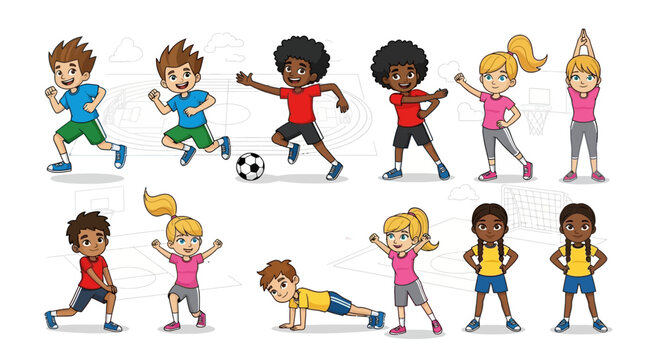 Diverse kids exercising and playing sports in cartoon style