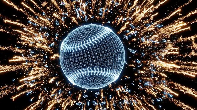 A digital wireframe baseball explodes into a burst of golden fireworks and particles on a black background.