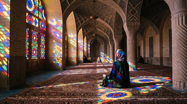 Woman Sitting in Nasir al-Mulk Mosque with Colorful Stained Glass Reflections in Shiraz Iran.