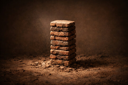 Stack of weathered brown bricks on dirt ground with dramatic lighting