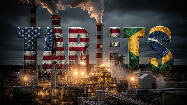 Industrial factory with 'TARIFS' text overlayed with national flags symbolizing international trade disputes