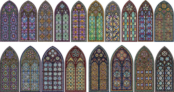 Beautiful Gothic Cathedral Stained Glass Window Collection Set with Colorful Floral and Geometric Decorative Patterns Vector Illustration