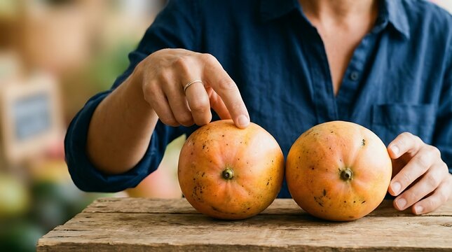 Hands gently examine two perfectly ripe, orange mangoes on a rustic wooden market stall, symbolizing vibrant freshness and natural bounty for mindful, healthy eating