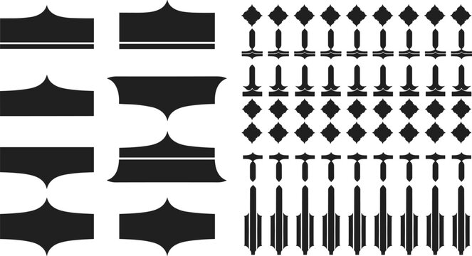 Black Silhouette Label Frame Banner and Sword Arrow Shape Vector Set for Decorative Vintage Heraldic Design Collection