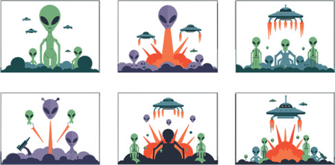 Alien UFO Invasion Scene Set with Extraterrestrial Creatures Flying Saucers Laser Attacks Explosions and Sci Fi Fantasy Elements for Game and Illustration Design © MdSobuj