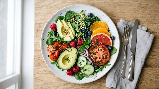 Healthy and Delicious Fresh Food Salad with Avocado, Berries, and Citrus Fruits