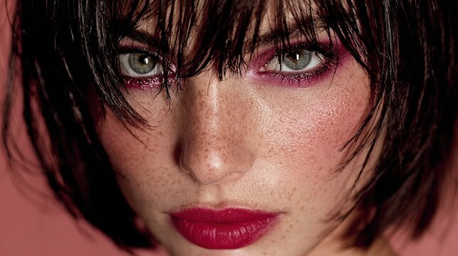 Close-up Beauty Portrait of Woman with Glitter Magenta Full Eyeliner, Glossy Pink Lips, Wet Dark Bangs and Freckled Skin on Soft Pink Background, Bold Glamorous Makeup Look