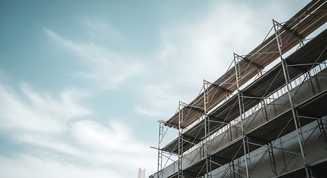Temporary metal scaffolding provides access for workers on an ongoing building construction project under a bright, expansive sky.