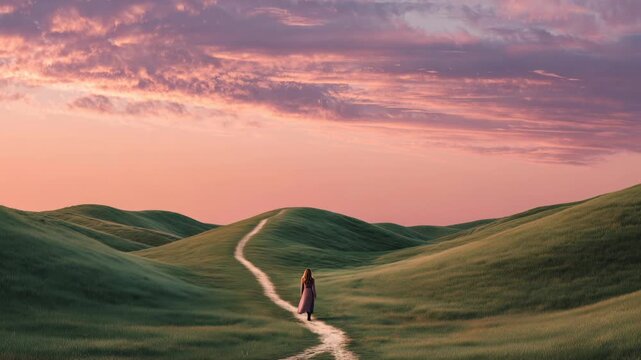 Woman walks along a winding path through green hills at sunset in the countryside