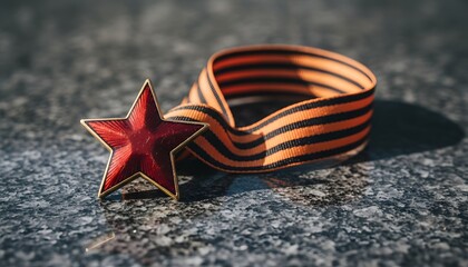 Naklejka premium Red star medal and St. George ribbon on granite for Victory Day celebration concept, representing Russian military honor and historical remembrance of the Great Patriotic War