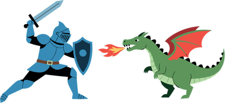 Knight vs Dragon Vector Illustration with Medieval Warrior Shield Sword and Fire Breathing Fantasy Creature Battle Scene Design