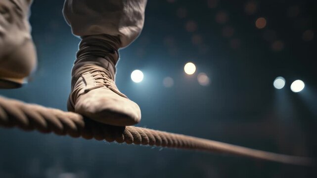 Tightrope walker performs at circus show in front of audience under bright lights