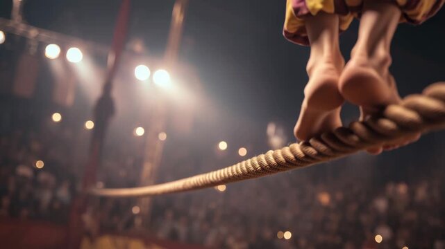 Clown on tightrope performing at circus under bright lights in front of audience