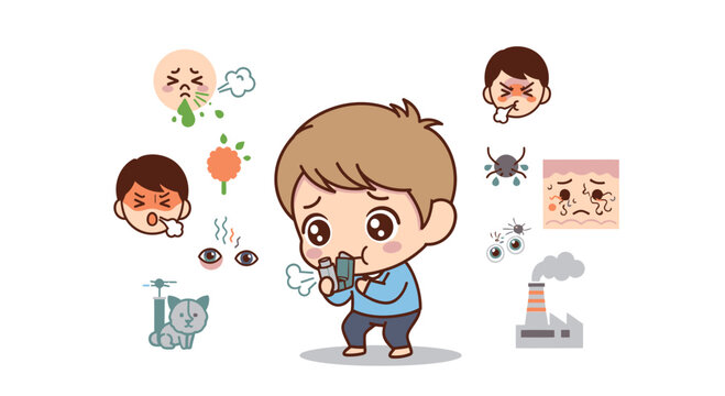 Cute illustration of a child using an inhaler surrounded by allergy triggers and symptoms