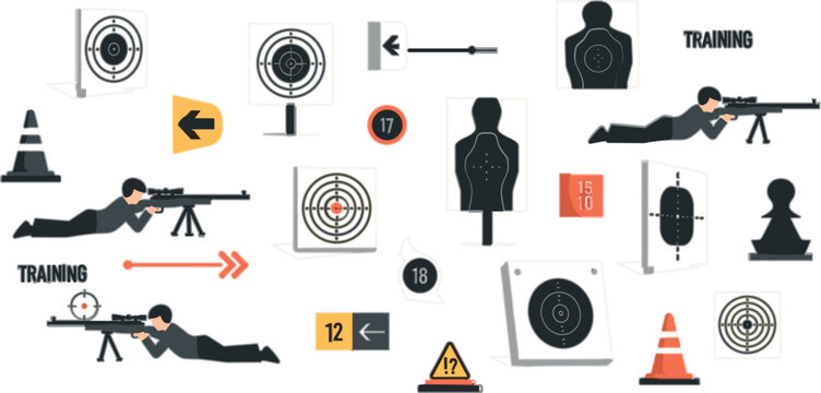 Shooting Range Training Icon Set with Targets Sniper Positions Safety Cones Weapons Practice Signs and Military Drill Symbols for Defense and Game Design