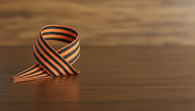 St Georges ribbon on a wooden table for Victory Day celebration and remembrance concept, representing military honor and historical memory with copy space