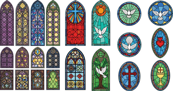 Stained Glass Church Window Vector Set with Christian Symbols, Dove, Cross, and Sacred Heart Religious Icons Collection