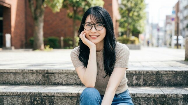 マッチングアプリのデートで階段に座るメガネとニットの女性