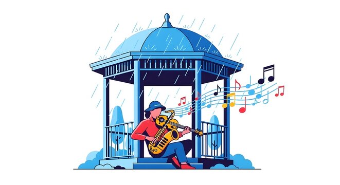 Colorful Street Musician Playing Saxophone Under Gazebo in Rain