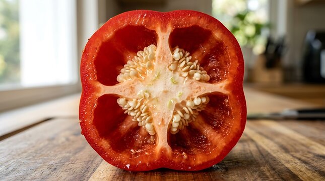 Close-up of a brightly colored red bell pepper, perfectly halved to expose its detailed seed cluster and juicy interior, set against a blurred kitchen backdrop