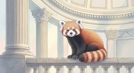Red panda sitting on railing outdoors. © Dafek