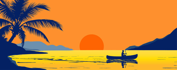 Vibrant Tropical Sunset Beach with Canoe Silhouette and Palm Tree Vector Illustration © Arun