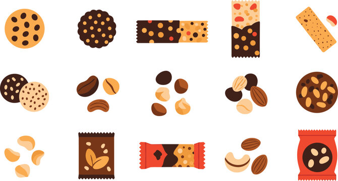 Assorted Cookies Nuts and Chocolate Snacks Illustration Set with Biscuits Energy Bars Peanuts Almonds and Sweet Treats for Food Packaging Design