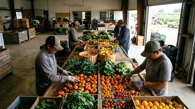 Farmers sorting fresh produce at an indoor farm market, preparing for sale and distribution